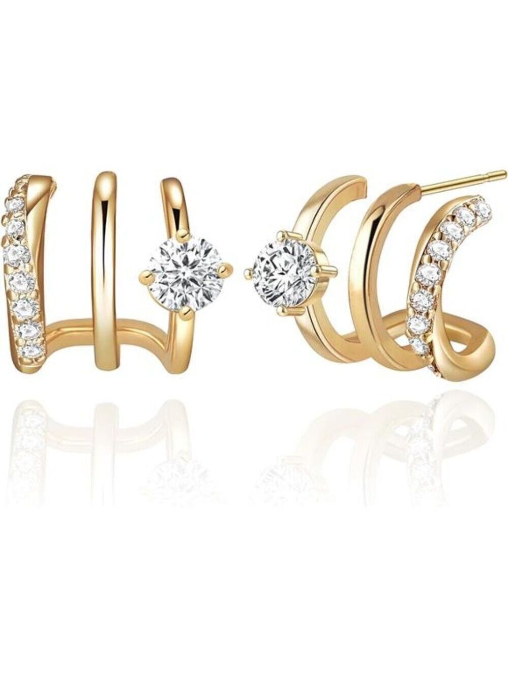 14K Gold Plated Hoop Earrings Triple Huggie Stud Earrings Cubic Zirconia Gift